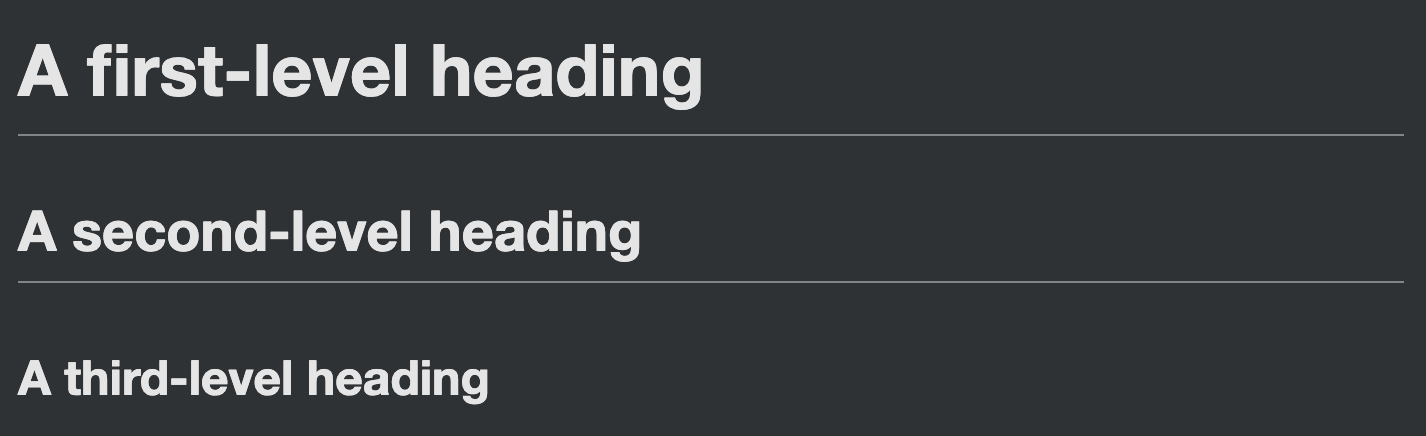 Screenshot of rendered GitHub Markdown showing sample h1, h2, and h3 headers, which descend in type size and visual weight to indicate descending hierarchy level.